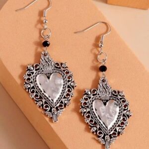 SILVER FLAMING SKULL HEART SCROLL DANGLE EARRINGS